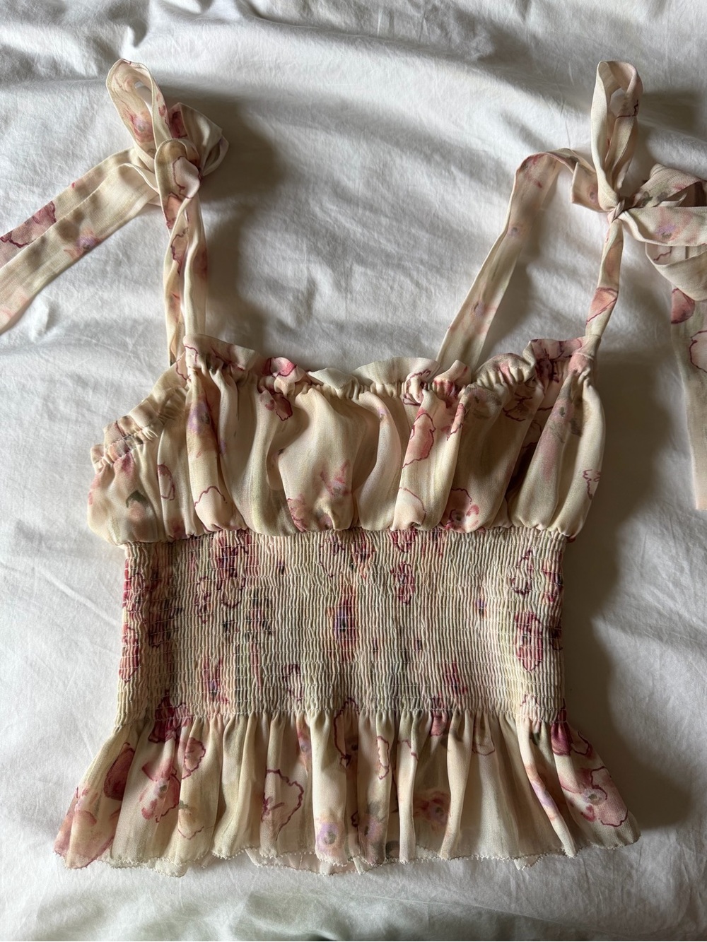 Aritzia Cream Floral Tie-Shoulder Smocked Camisole